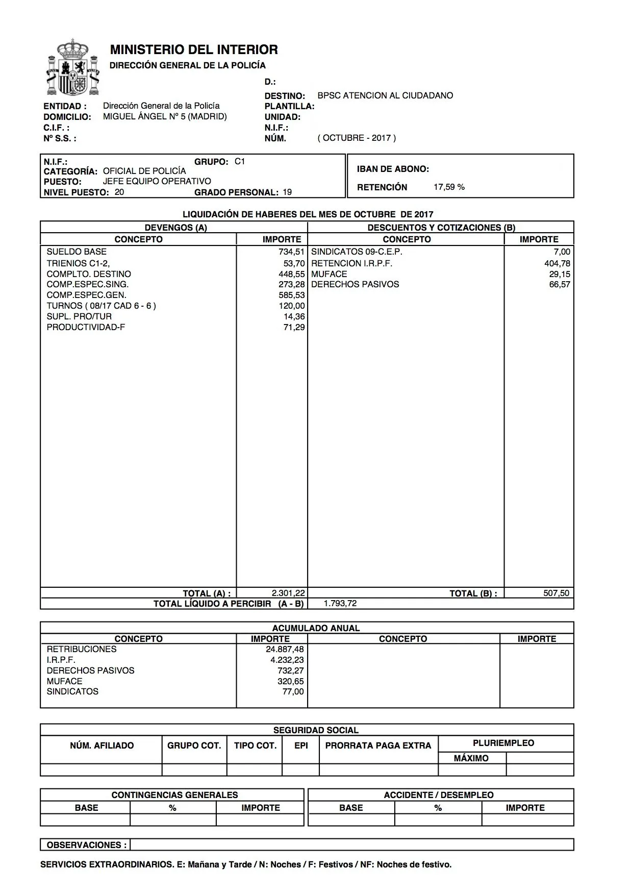 Ejemplo de nómina de un oficial de policía, mostrando sueldo neto
